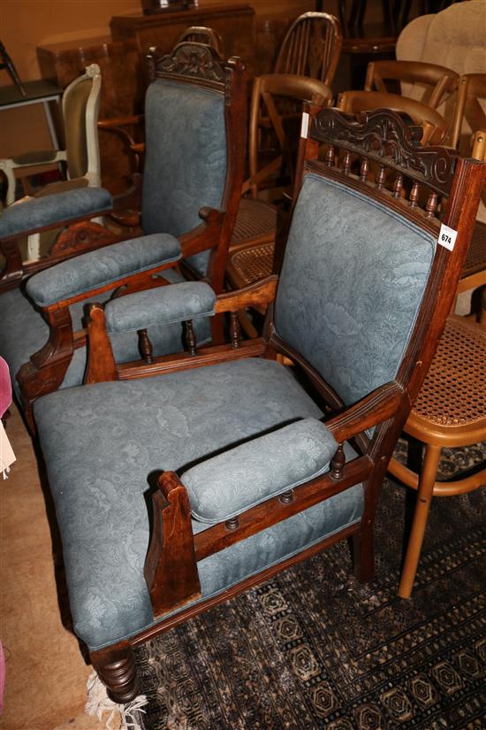 Pair late Victorian carved oak armchairs